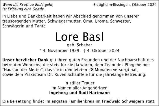 Traueranzeige von Lore Basl von Bietigheimer Zeitung