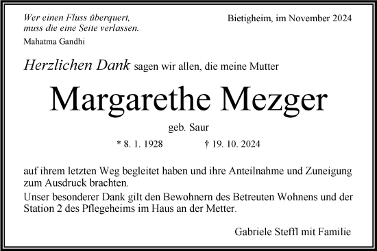 Traueranzeige von Margarethe Mezger von Bietigheimer Zeitung