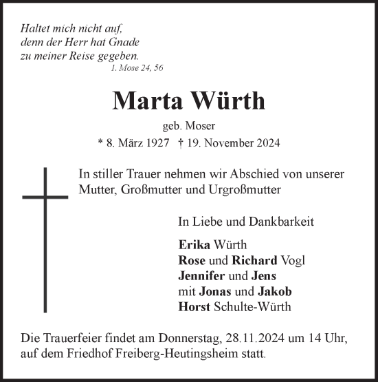 Traueranzeige von Marta Würth von Bietigheimer Zeitung