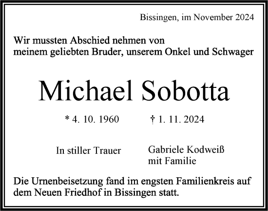 Traueranzeige von Michael Sobotta von Bietigheimer Zeitung