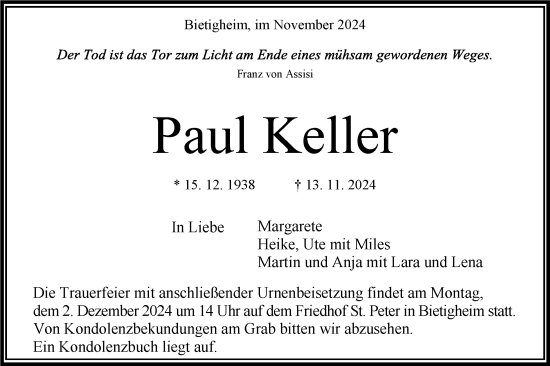 Traueranzeige von Paul Keller von Bietigheimer Zeitung