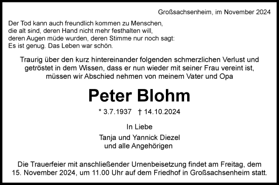 Traueranzeige von Peter Blohm von Bietigheimer Zeitung