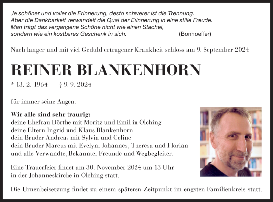 Traueranzeige von Reiner Blankenhorn von Bietigheimer Zeitung