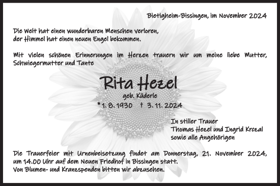 Traueranzeige von Rita Hezel von Bietigheimer Zeitung