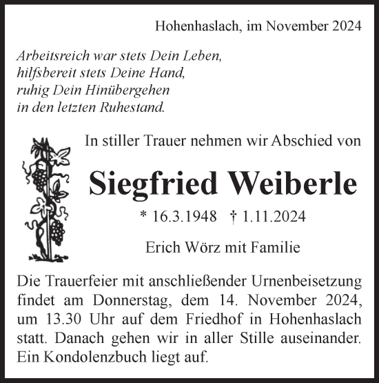 Traueranzeige von Siegfried Weiberle von Bietigheimer Zeitung