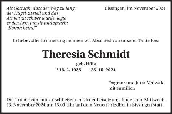 Traueranzeige von Theresia Schmidt von Bietigheimer Zeitung