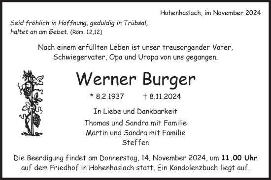 Traueranzeige von Werner Burger von Bietigheimer Zeitung