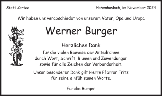 Traueranzeige von Werner Burger von Bietigheimer Zeitung