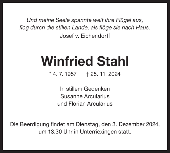 Traueranzeige von Winfried Stahl von Bietigheimer Zeitung