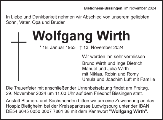 Traueranzeige von Wolfgang Wirth von Bietigheimer Zeitung