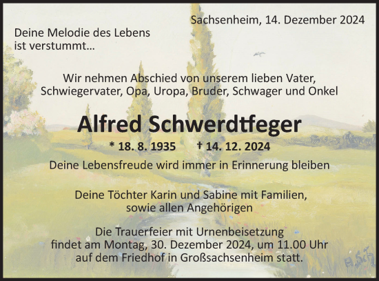 Traueranzeige von Alfred Schwerdtfeger von Bietigheimer Zeitung