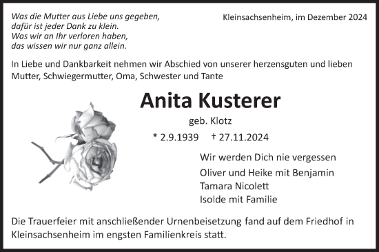 Traueranzeige von Anita Kusterer von Bietigheimer Zeitung