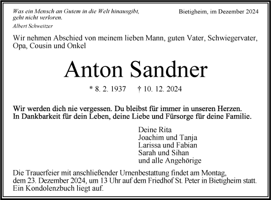 Traueranzeige von Anton Sandner von Bietigheimer Zeitung