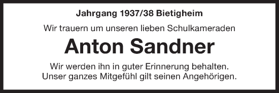 Traueranzeige von Anton Sandner von Bietigheimer Zeitung