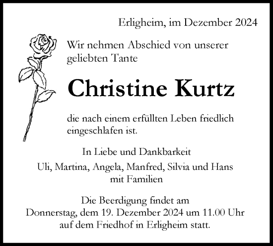 Traueranzeige von Christine Kurtz von Bietigheimer Zeitung