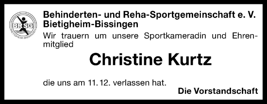 Traueranzeige von Christine Kurtz von Bietigheimer Zeitung