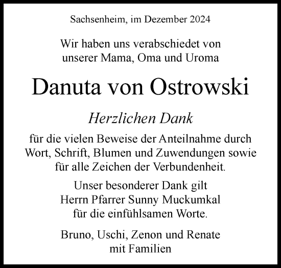 Traueranzeige von Danuta von Ostrowski von Bietigheimer Zeitung