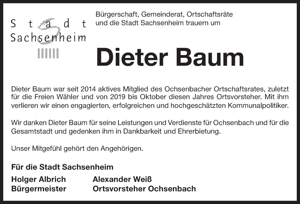  Traueranzeige für Dieter Baum vom 06.12.2024 aus Bietigheimer Zeitung