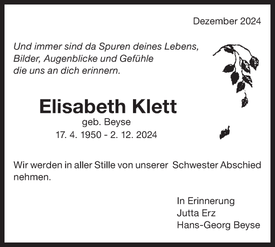 Traueranzeige von Elisabeth Klett von Bietigheimer Zeitung