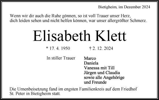 Traueranzeige von Elisabeth Klett von Bietigheimer Zeitung