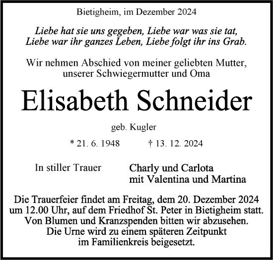 Traueranzeige von Elisabeth Schneider von Bietigheimer Zeitung