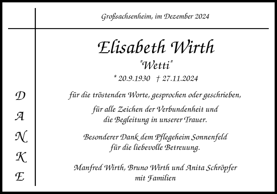 Traueranzeige von Elisabeth Wirth von Bietigheimer Zeitung