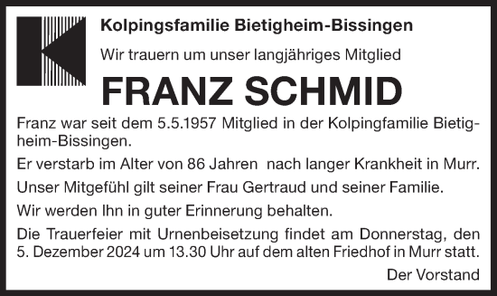 Traueranzeige von Franz Schmid von Bietigheimer Zeitung