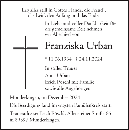 Traueranzeige von Franziska Urban von Bietigheimer Zeitung