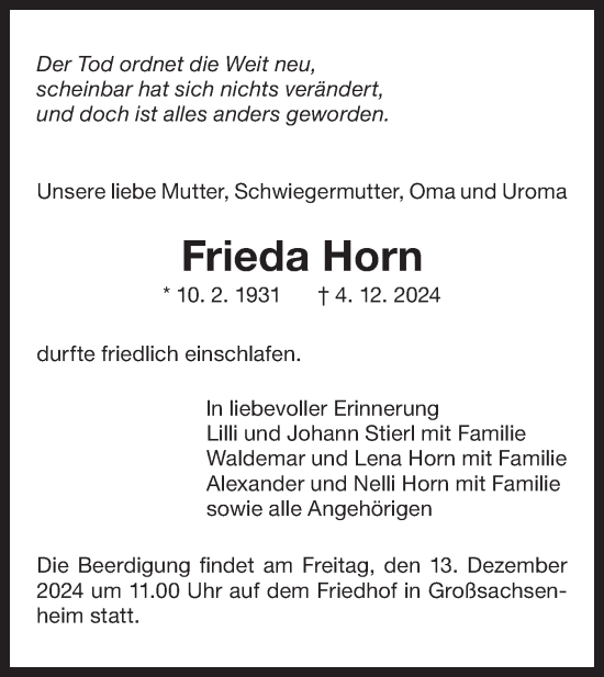 Traueranzeige von Frieda Horn von Bietigheimer Zeitung