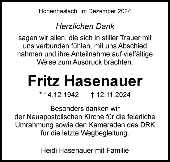 Traueranzeige von Fritz Hasenauer von Bietigheimer Zeitung