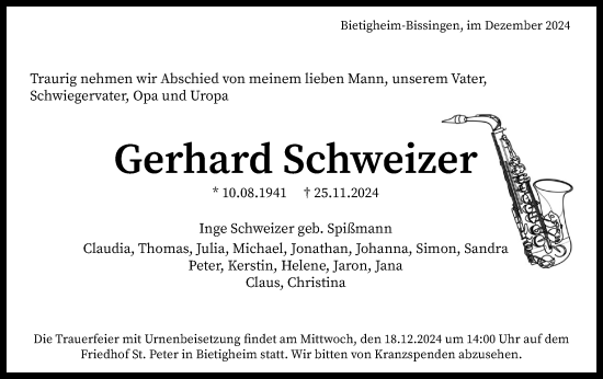 Traueranzeige von Gerhard Schweizer von Bietigheimer Zeitung