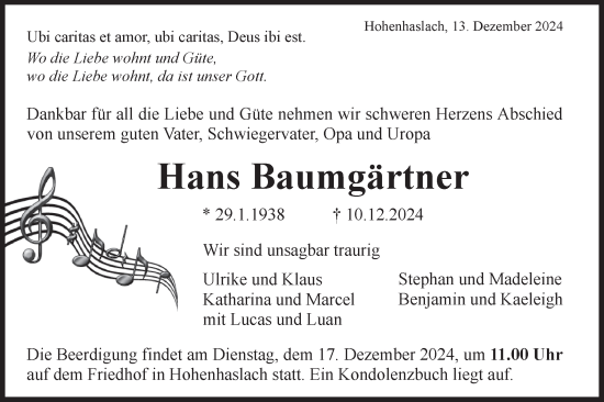 Traueranzeige von Hans Baumgärtner von Bietigheimer Zeitung