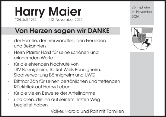 Traueranzeige von Harry Maier von Bietigheimer Zeitung