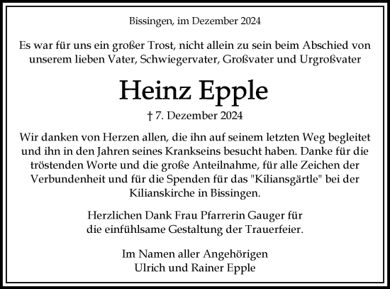 Traueranzeige von Heinz Epple von Bietigheimer Zeitung