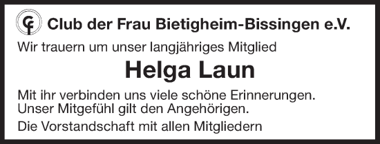 Traueranzeige von Helga Laun von Bietigheimer Zeitung