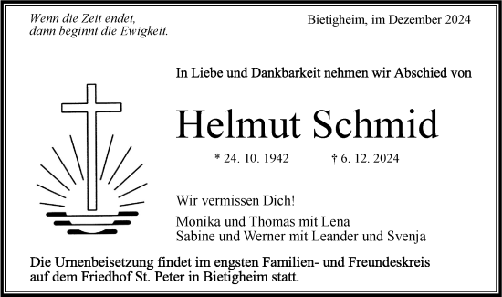 Traueranzeige von Helmut Schmid von Bietigheimer Zeitung