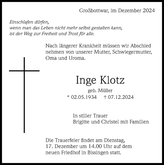 Traueranzeige von Inge Klotz von Bietigheimer Zeitung