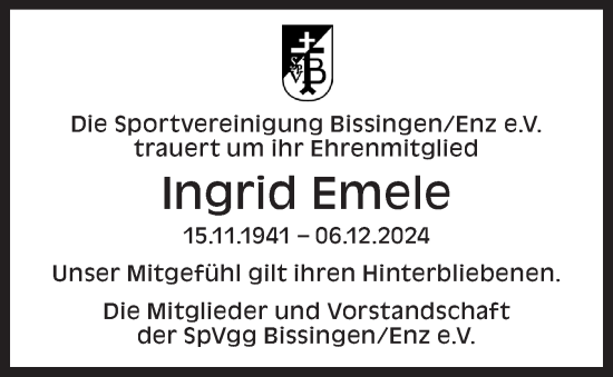 Traueranzeige von Ingrid Emele von Bietigheimer Zeitung