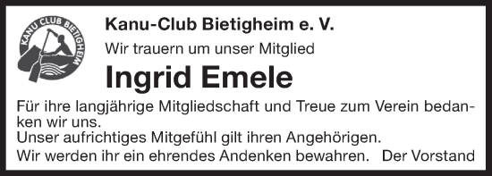 Traueranzeige von Ingrid Emele von Bietigheimer Zeitung