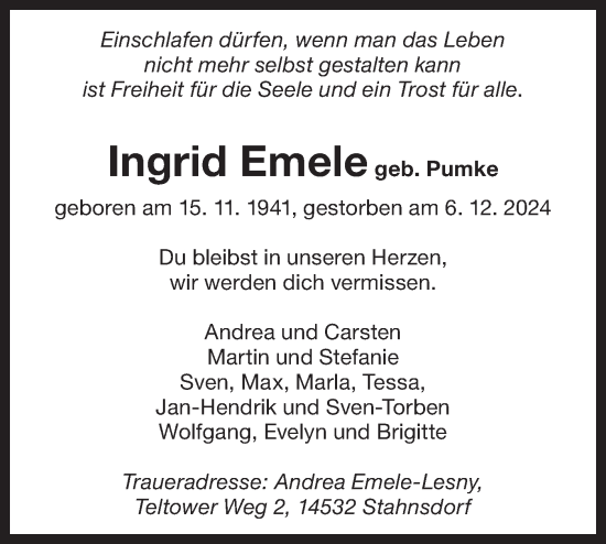 Traueranzeige von Ingrid Emele von Bietigheimer Zeitung