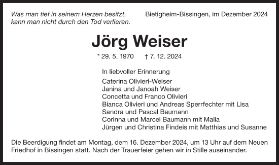 Traueranzeige von Jörg Weiser von Bietigheimer Zeitung