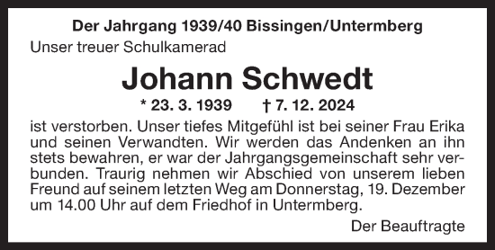 Traueranzeige von Johann Schwedt von Bietigheimer Zeitung