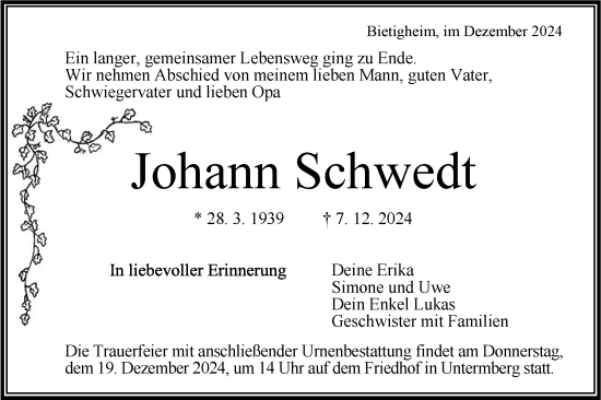 Traueranzeige von Johann Schwedt von Bietigheimer Zeitung