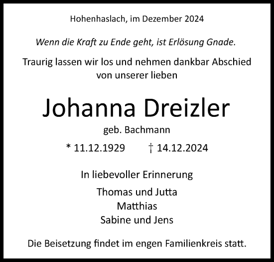 Traueranzeige von Johanna Dreizler von Bietigheimer Zeitung