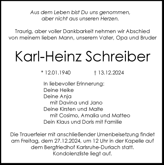 Traueranzeige von Karl-Heinz Schreiber von Bietigheimer Zeitung