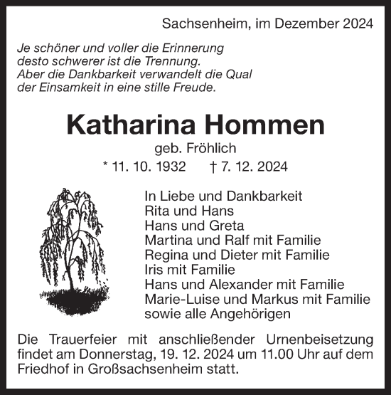 Traueranzeige von Katharina Hommen von Bietigheimer Zeitung