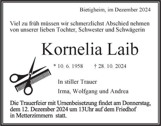 Traueranzeige von Kornelia Laib von Bietigheimer Zeitung