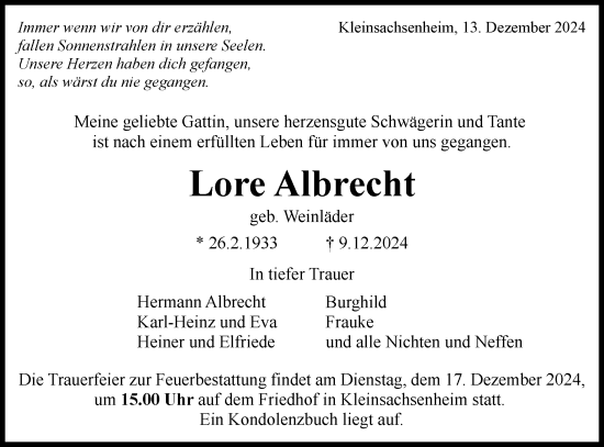 Traueranzeige von Lore Albrecht von Bietigheimer Zeitung