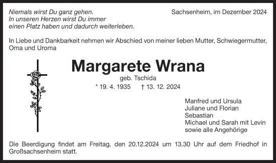 Traueranzeige von Margarete Wrana von Bietigheimer Zeitung