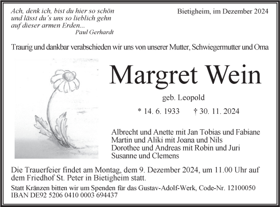 Traueranzeige von Margret Wein von Bietigheimer Zeitung